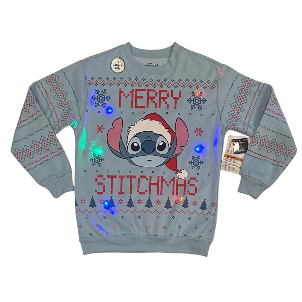Disney Stitch Light Up Merry Stitchmas Christmas Blue Sweatshirt Sz XL V38